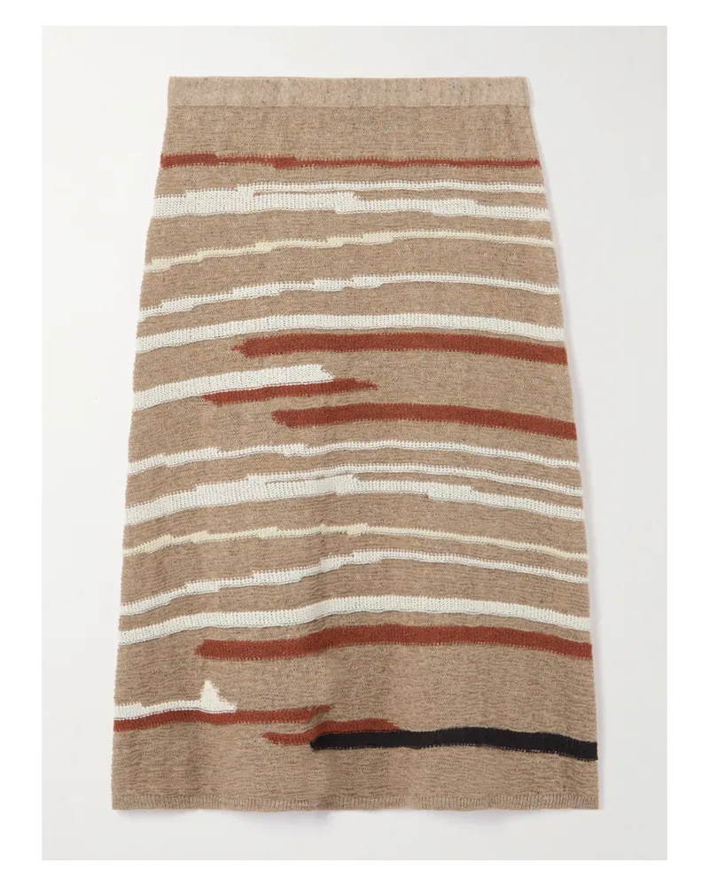 Bottega Veneta Striped Jacquard-knit Linen And Cotton-blend Midi Skirt - Gray Gray