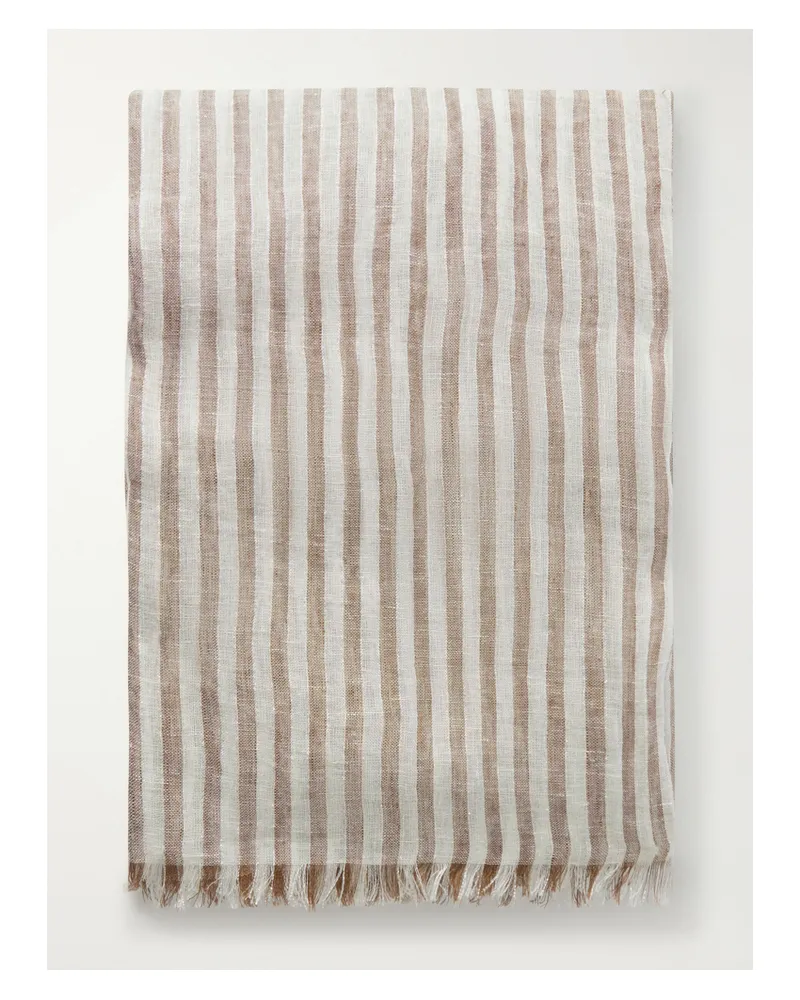 Brunello Cucinelli Fringed Striped Linen-blend Scarf - Neutrals Neutrals