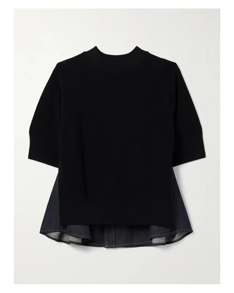 Sacai Oberteil Aus Rippstrick Und Denim - Schwarz Schwarz