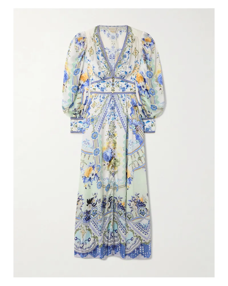 Camilla Crystal-embellished Shirred Printed Silk Maxi Dress - Blue Blue