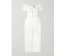 Falbala Off-the-shoulder Bow-detailed Ruffled Pleated Embroidered Cotton-voile Midi Dress - White