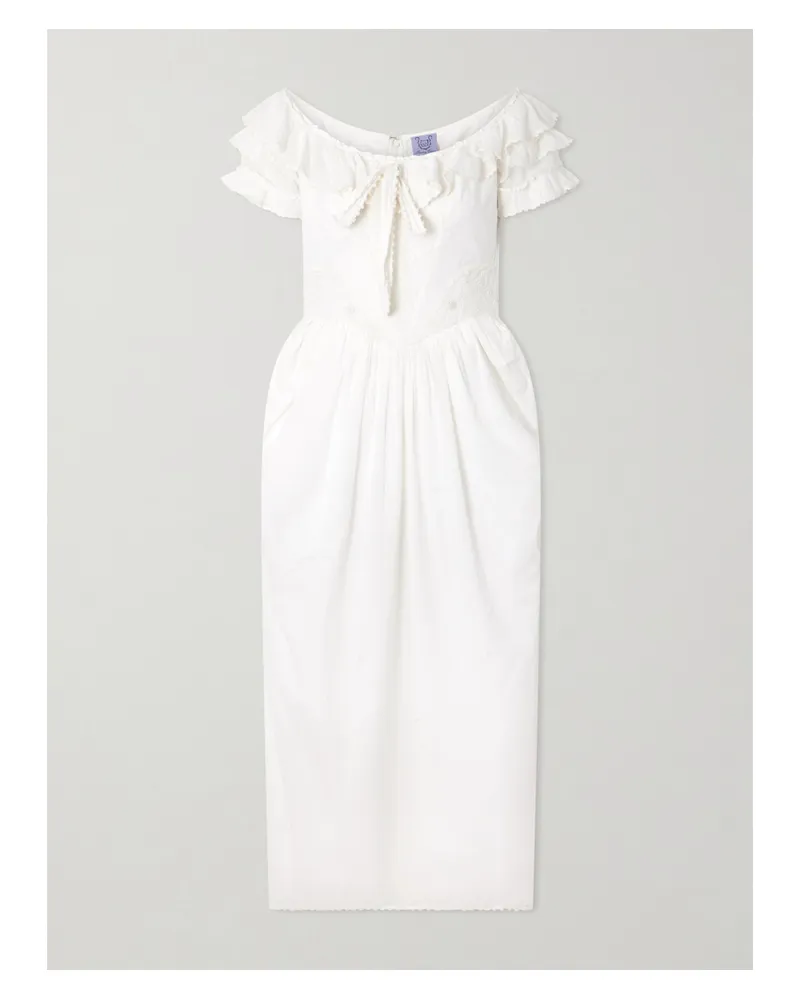 Thierry Colson Falbala Off-the-shoulder Bow-detailed Ruffled Pleated Embroidered Cotton-voile Midi Dress - White White