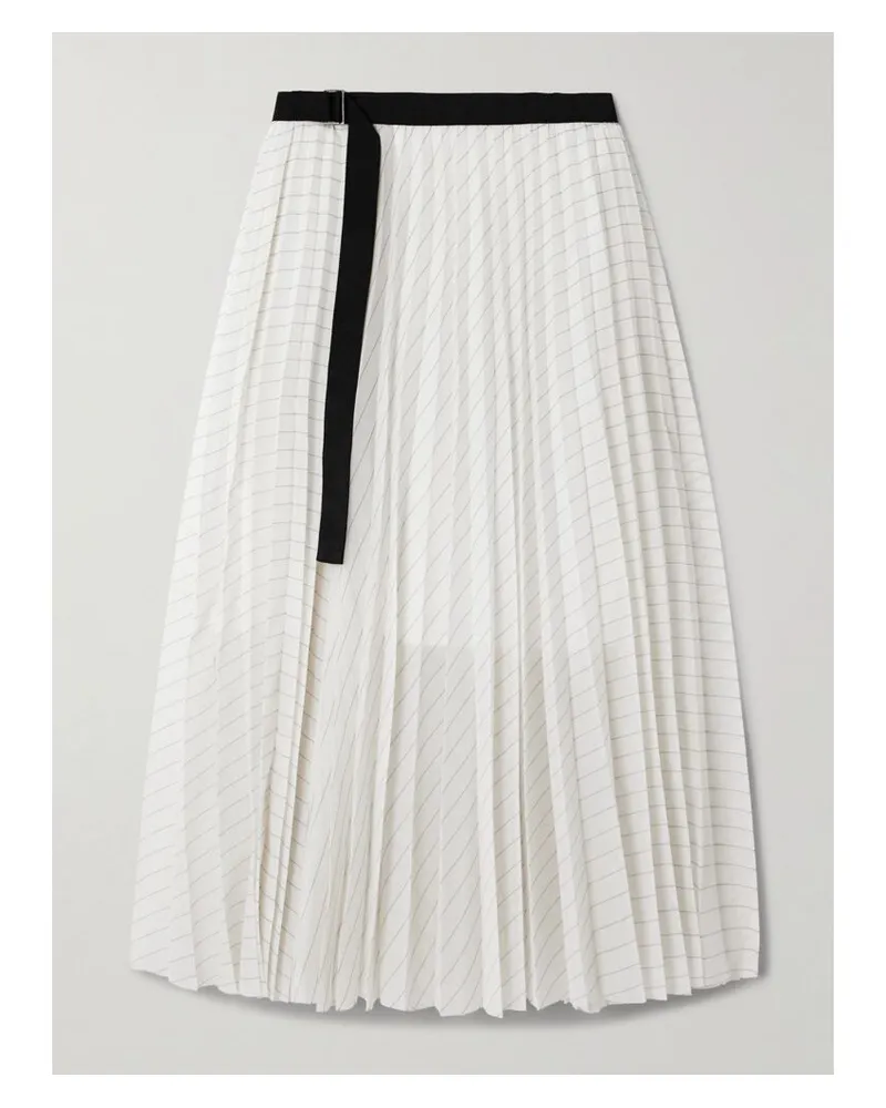 Sacai Gestreifter Midirock Aus Plissiertem Voile Mit Gürtel - Wollweiß Wollweiß
