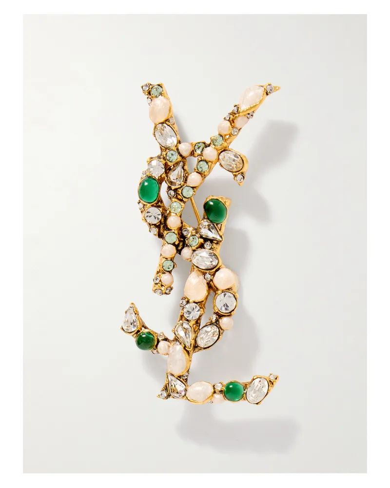 Saint Laurent Cassandre Embellished Gold-tone Brooch Gold