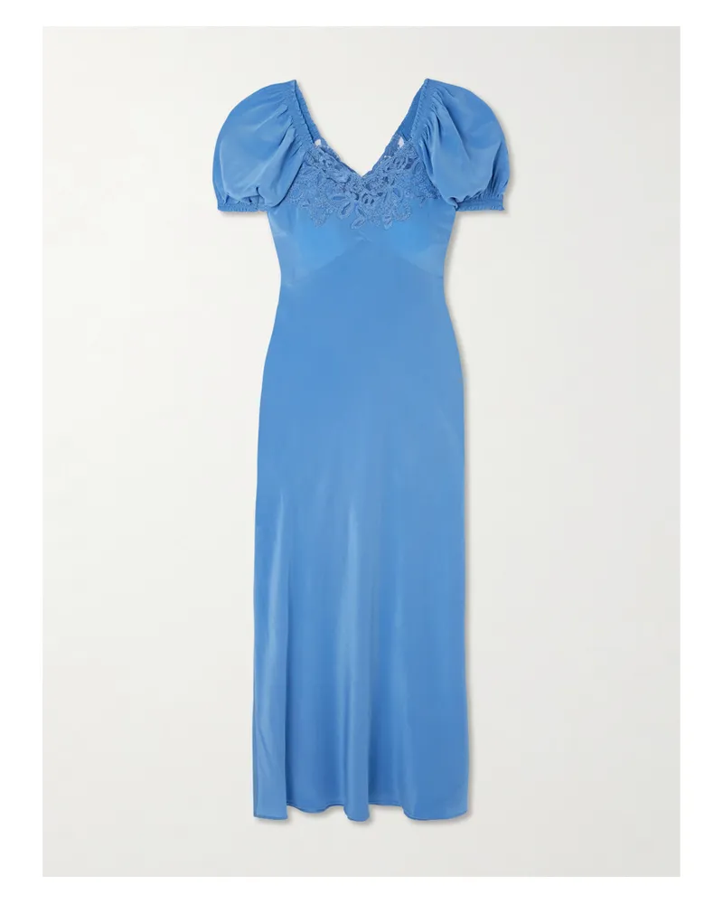 RIXO Ilaria Midikleid Aus Seide Mit Spitzenbesatz - Blau Blau