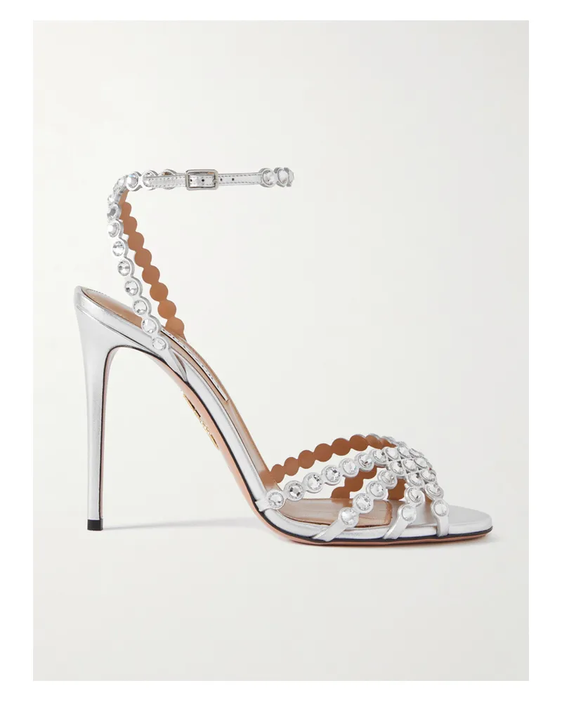 Aquazzura Tequila 105 Crystal-embellished Metallic Leather Sandals - Silver Silver