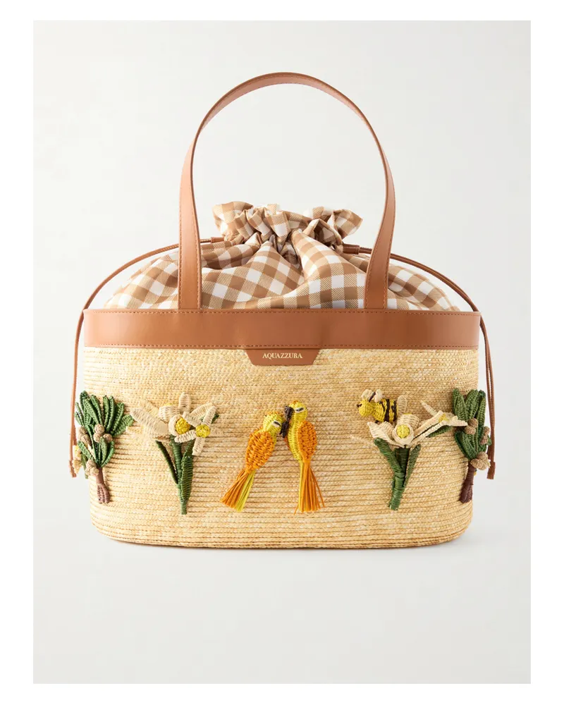 Aquazzura Birdsong Leather-trimmed Appliquéd Raffia Tote - Neutrals Neutrals