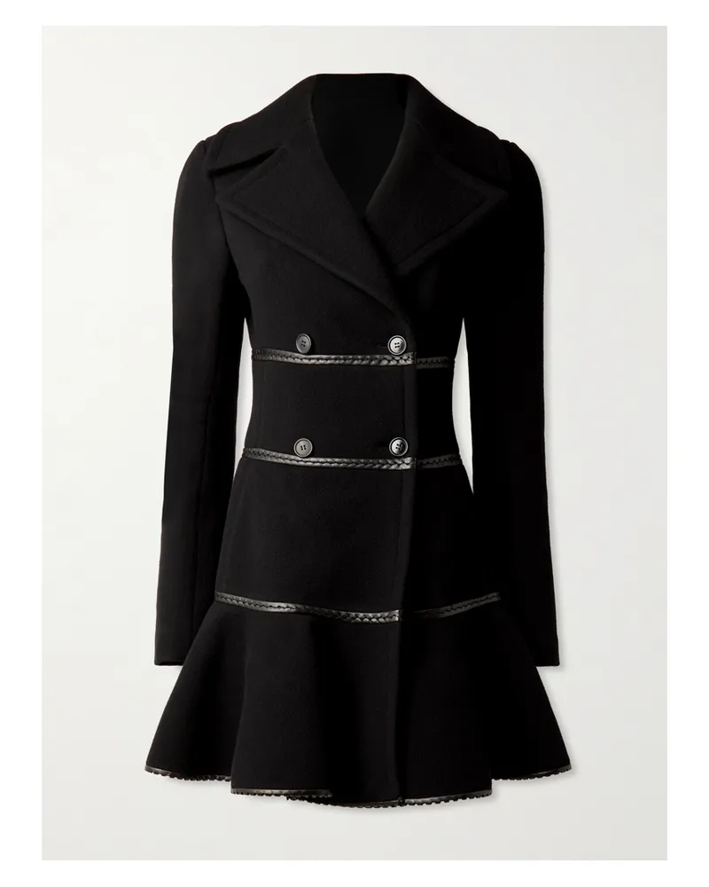 Alaïa Princess Double-breasted Leather-trimmed Wool Peplum Coat - Black Black