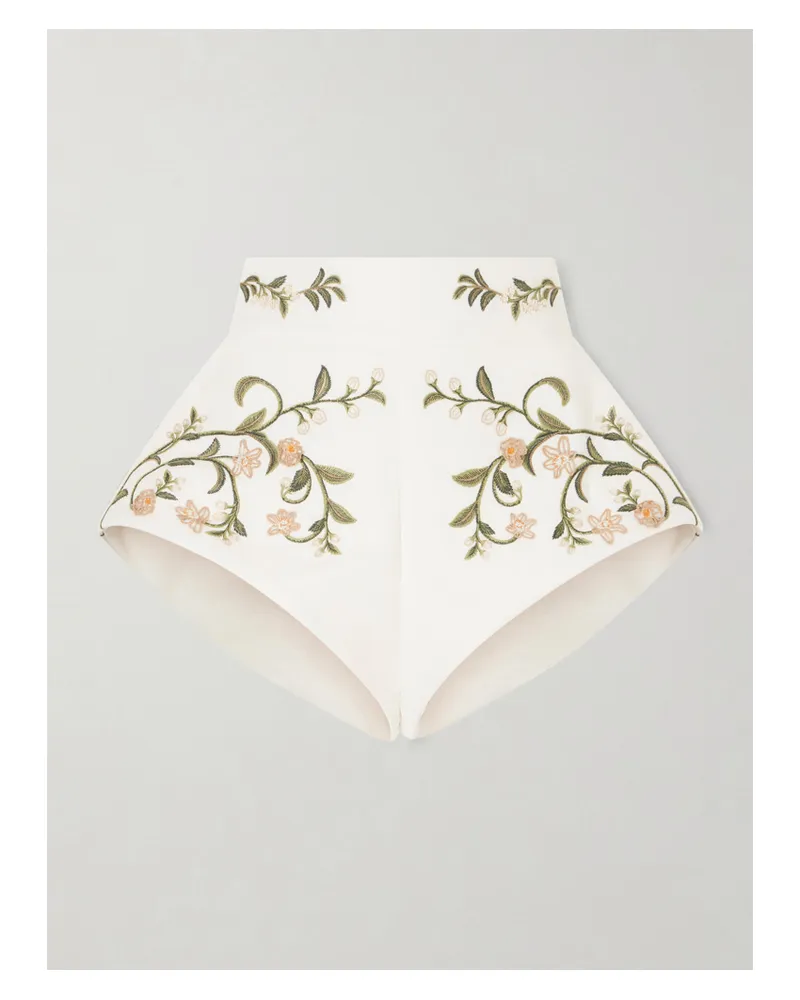 AGUA BENDITA Floral Embroidered Linen Mini Shorts - Neutrals Neutrals