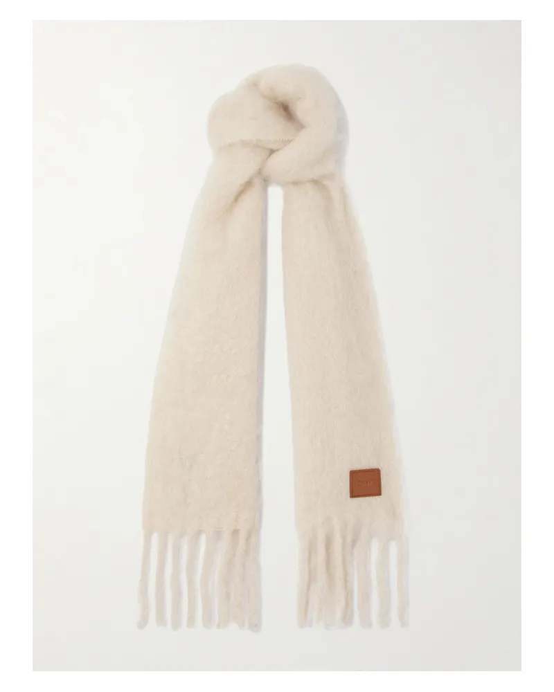Loewe Fringed Appliquéd Leather-trimmed Brushed Mohair-blend Scarf - Off-white Off-white