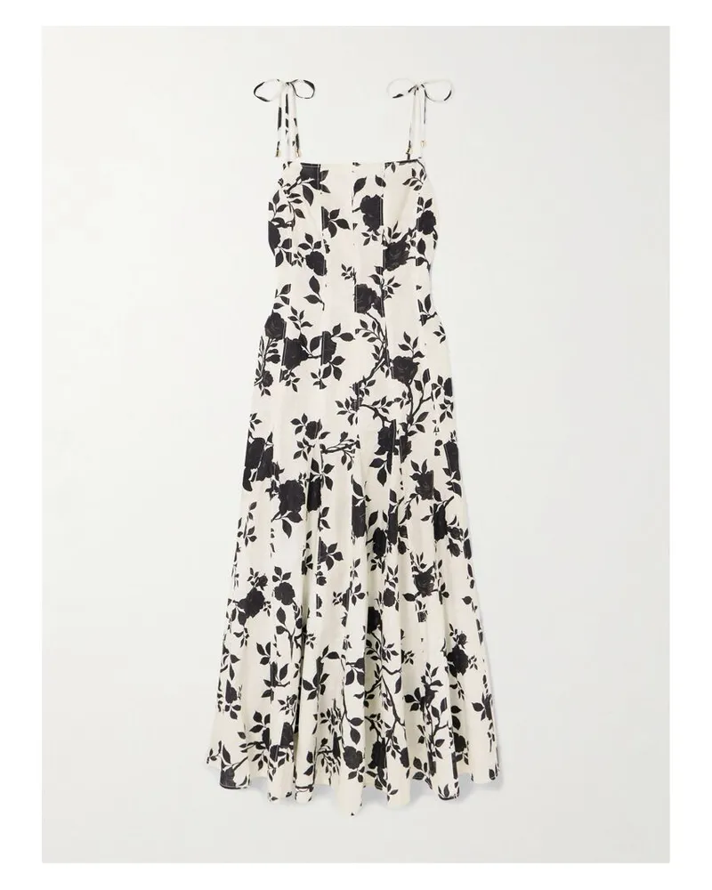 Self-Portrait Midikleid Aus Einer Leinen-baumwollmischung Mit Blumenprint - Wollweiß Wollweiß