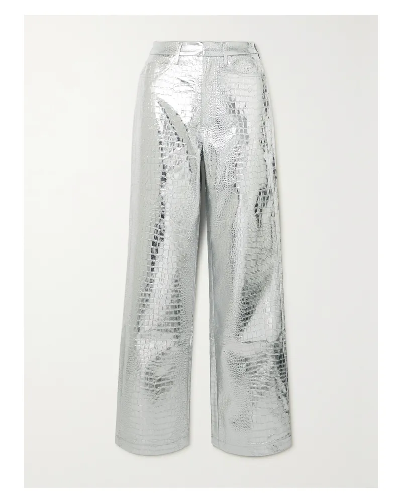 ROTATE Birger Christensen Rotie Hose Mit Weitem Bein Aus Beschichtetem Kunstleder Mit Krokodileffekt In Metallic-optik - Silber Silber