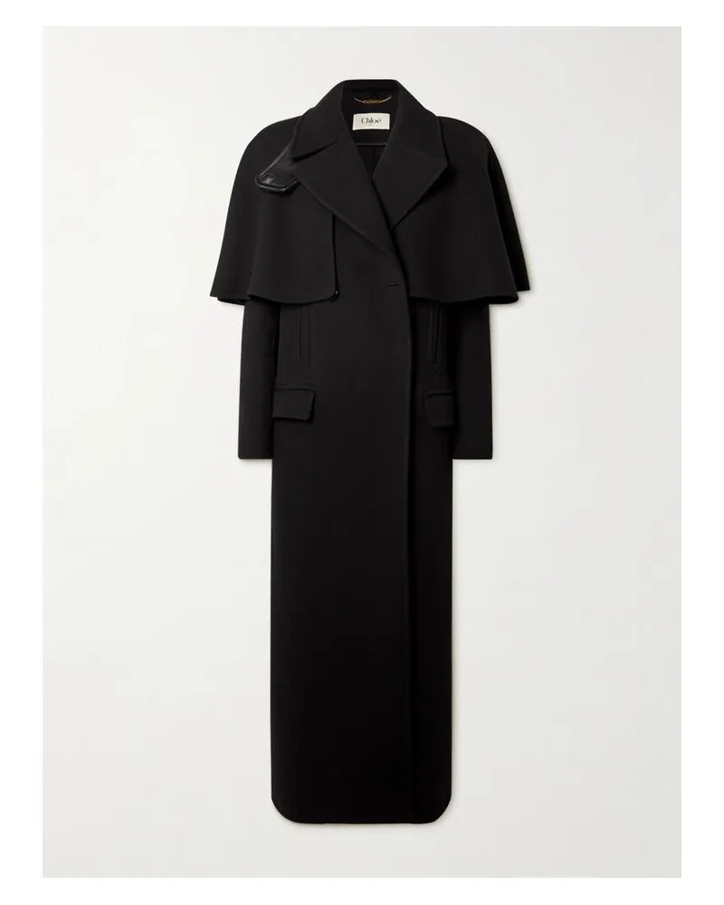 Chloé Doppelreihiger Mantel Aus Wolle Mit Lederbesatz Und Cape-effekt - Schwarz Schwarz