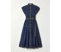 Belted Tiered Denim Midi Dress - Blue