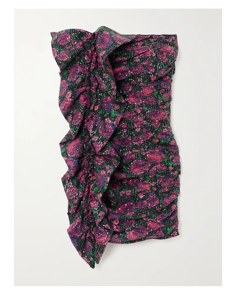 ROTATE Birger Christensen Layla Trägerloses Minikleid Aus Recyceltem Mesh Mit Blumenprint, Rüschen Und Pailletten - Mehrfarbig Mehrfarbig