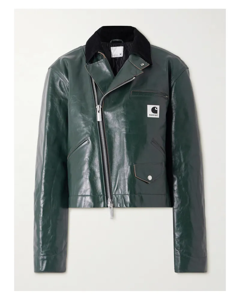 Sacai Carhartt Wip Bikerjacke Aus Leder Mit Besatz Aus Baumwollcord - Grün Grün
