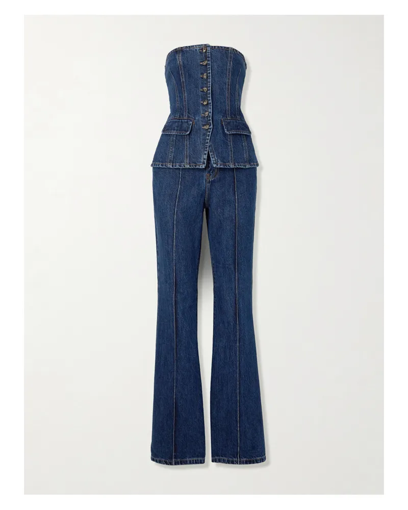 Self-Portrait Wandelbarer, Trägerloser Jumpsuit Aus Denim - Blau Blau