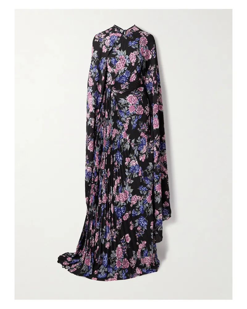 Balenciaga Cape-effect Floral-print Plissé-crepe Gown - Black Black