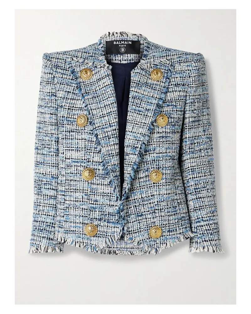 Balmain Spencer Blazer Aus Tweed Aus Einer Baumwollmischung Mit Zierknöpfen Und Fransen - Blau Blau
