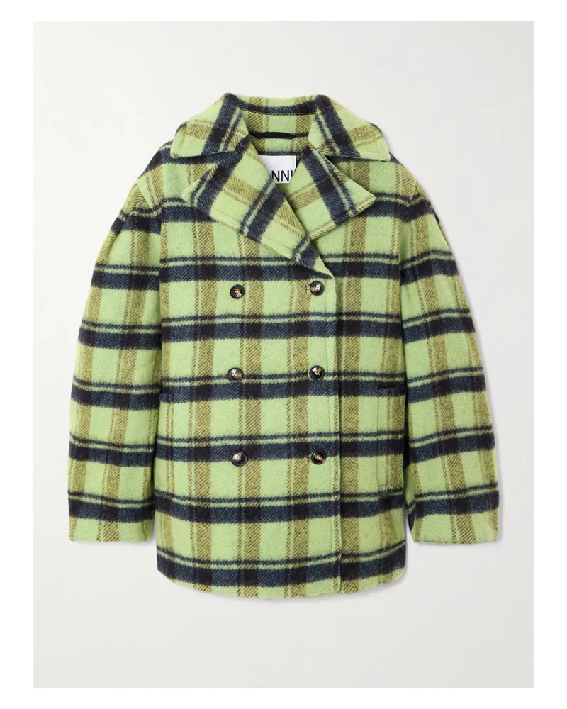 Ganni Doppelreihige Oversized-jacke Aus Gebürsteter Wolle Mit Karomuster - Grün Grün