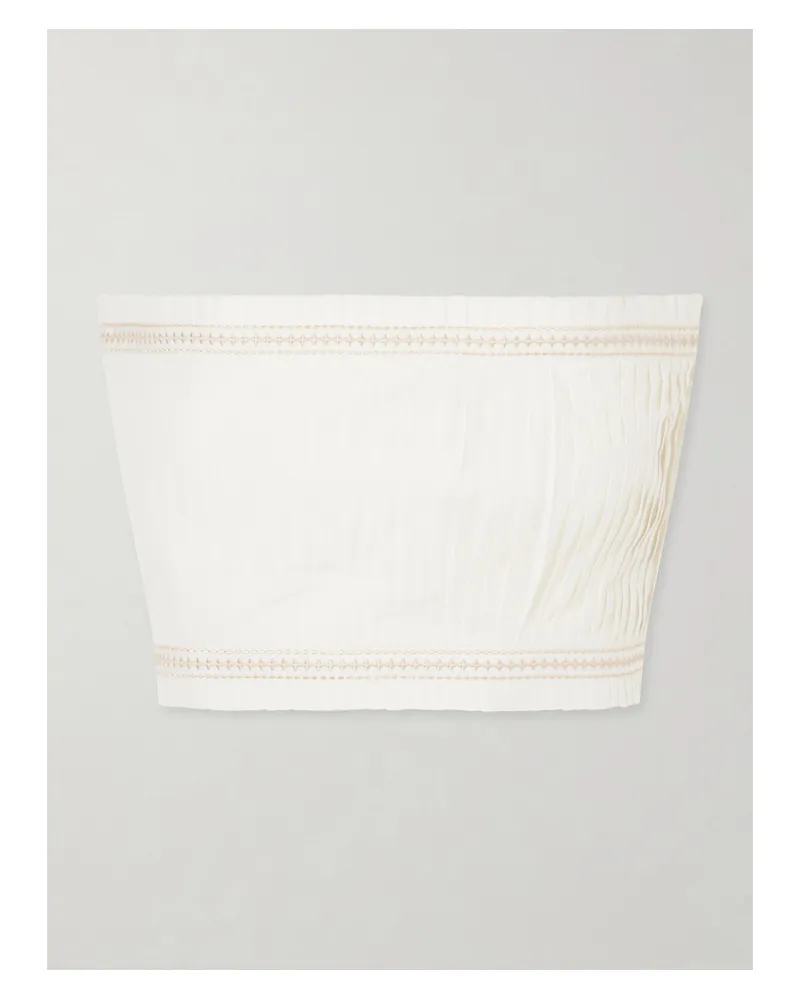 Emporio Sirenuse Flavia Strapless Cropped Embroidered Pleated Cotton-blend Top - White White