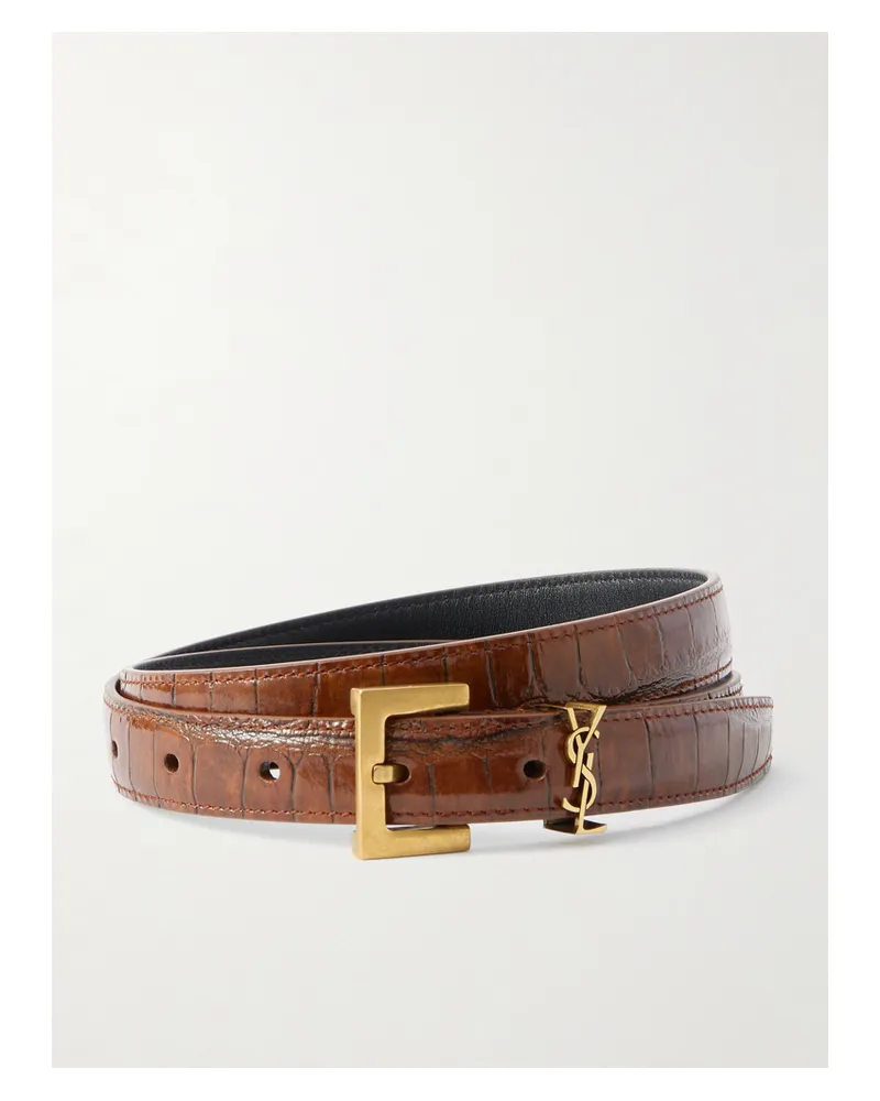 Saint Laurent Cassandre Croc-effect Leather Belt - Brown Brown