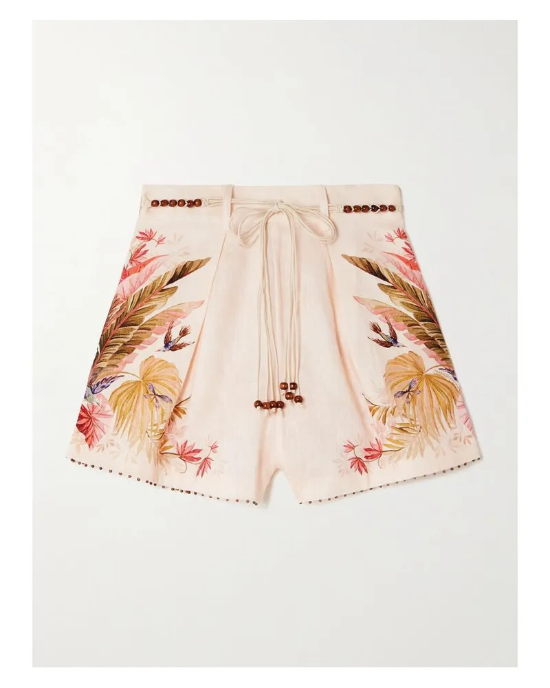 Zimmermann Ascension Shorts Aus Leinen Mit Blumenprint, Bindegürtel Und Zierperlen - Creme Creme