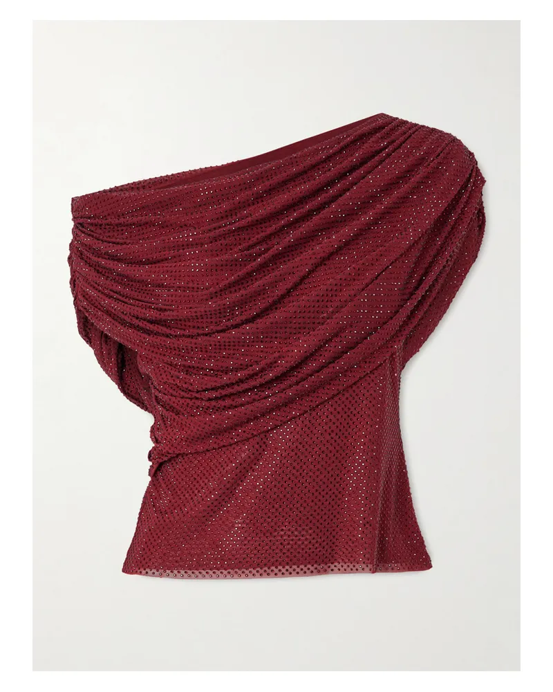 Self-Portrait Schulterfreies Oberteil Aus Mesh Mit Falten Und Kristallen - Burgunder Burgunder