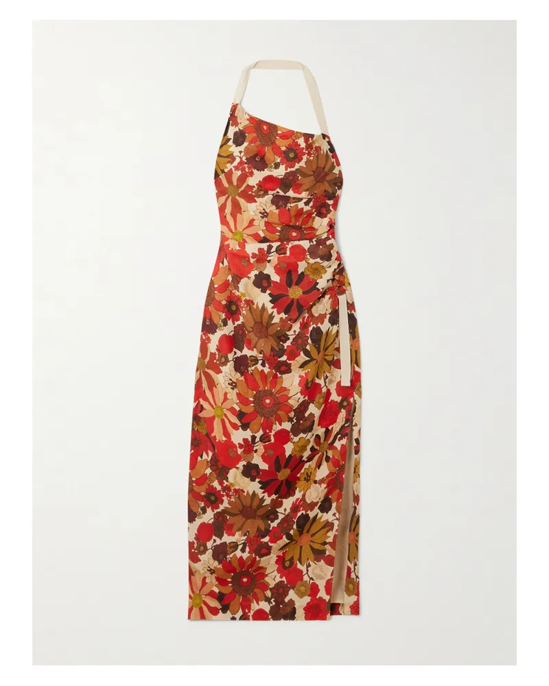 SIR Castella Neckholder-midikleid Aus Leinen Mit Blumenprint, Raffungen Und Band - Mehrfarbig Mehrfarbig