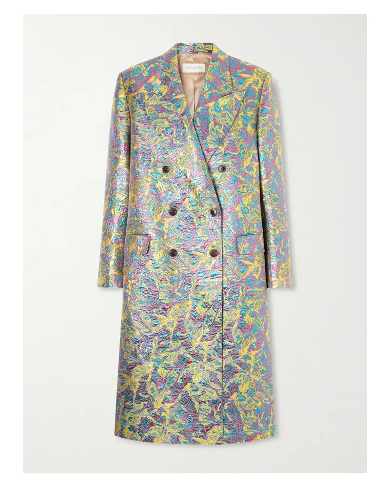 Dries van Noten Double-breasted Metallic Floral-jacquard Long Coat - Yellow Yellow