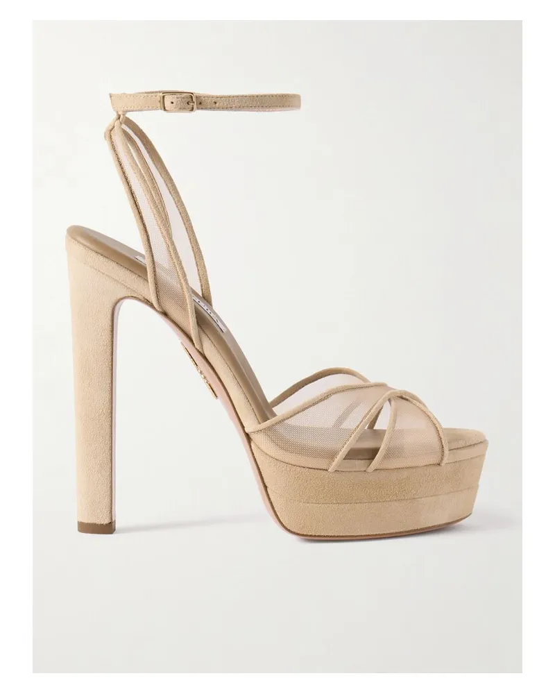 Aquazzura Divine Plateau 130 Plateausandalen Aus Veloursleder Und Tüll - Neutral Neutral
