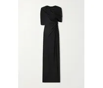Open-back Cape-effect Draped Satin Gown - Black