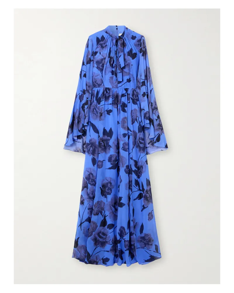 Erdem Robe Aus Seiden-voile Mit Blumenprint, Raffungen Und Schluppe - Blau Blau