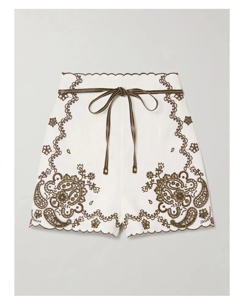 Zimmermann Ascension Shorts Aus Leinen Mit Lochstickerei Und Lederbesätzen - Creme Creme