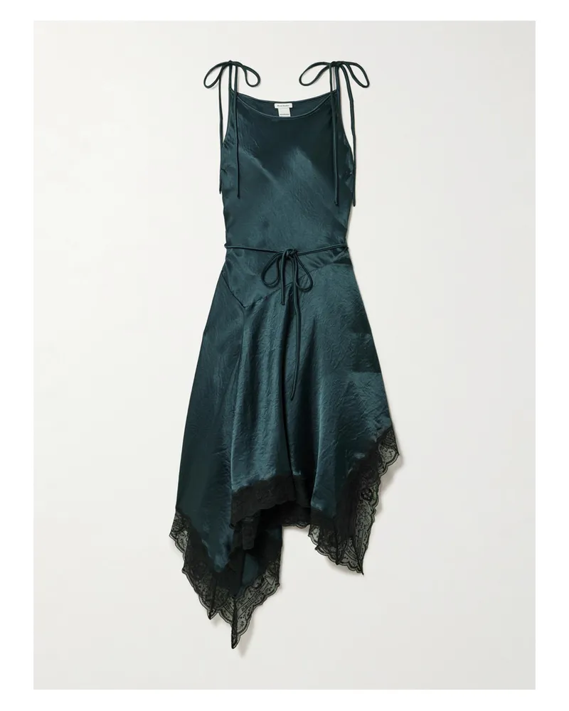 Acne Studios Doyla Asymmetrisches Midikleid Aus Gehämmertem Satin Mit Bindegürtel, Spitzenbesatz Und Wellenkanten - Blau Blau