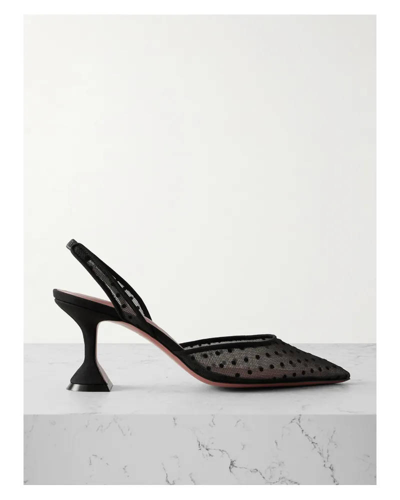 Amina Muaddi Holli Slingback-pumps Aus Mesh Mit Polka-dot-flockprint Und Lederbesätzen - Schwarz Schwarz