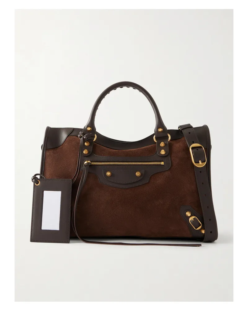 Balenciaga Le City Studded Leather-trimmed Suede Shoulder Bag - Brown Brown