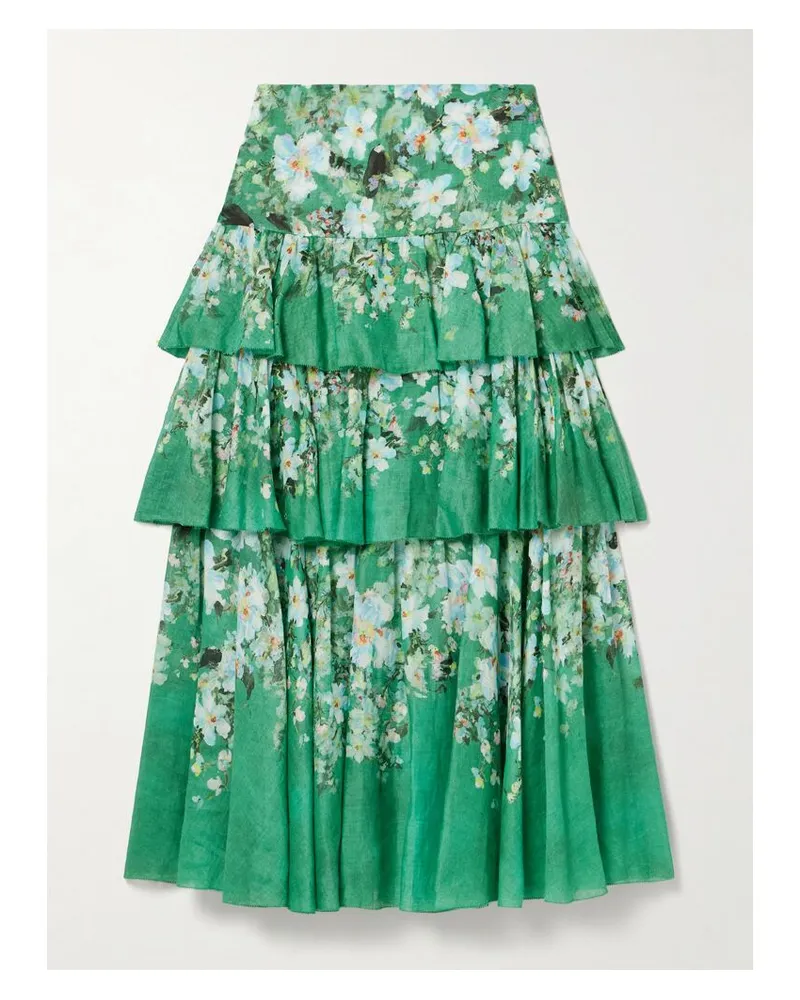 Zimmermann Everley Gestufter Maxirock Aus Ramie Mit Blumenprint - Grün Grün