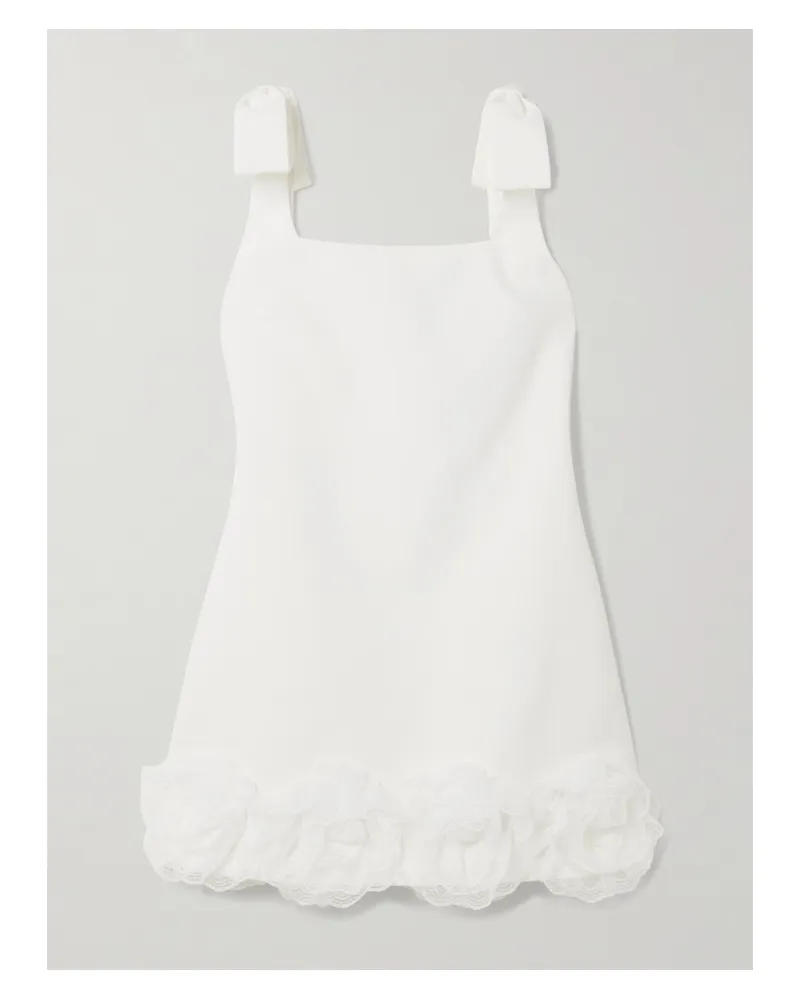 Self-Portrait Bow-detailed Lace-trimmed Crepe Mini Dress - White White