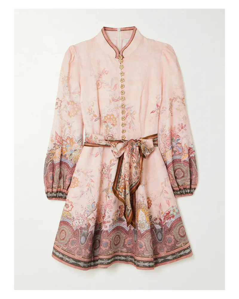 Zimmermann Alchemy Belted Floral-print Linen Mini Dress - Pink Pink