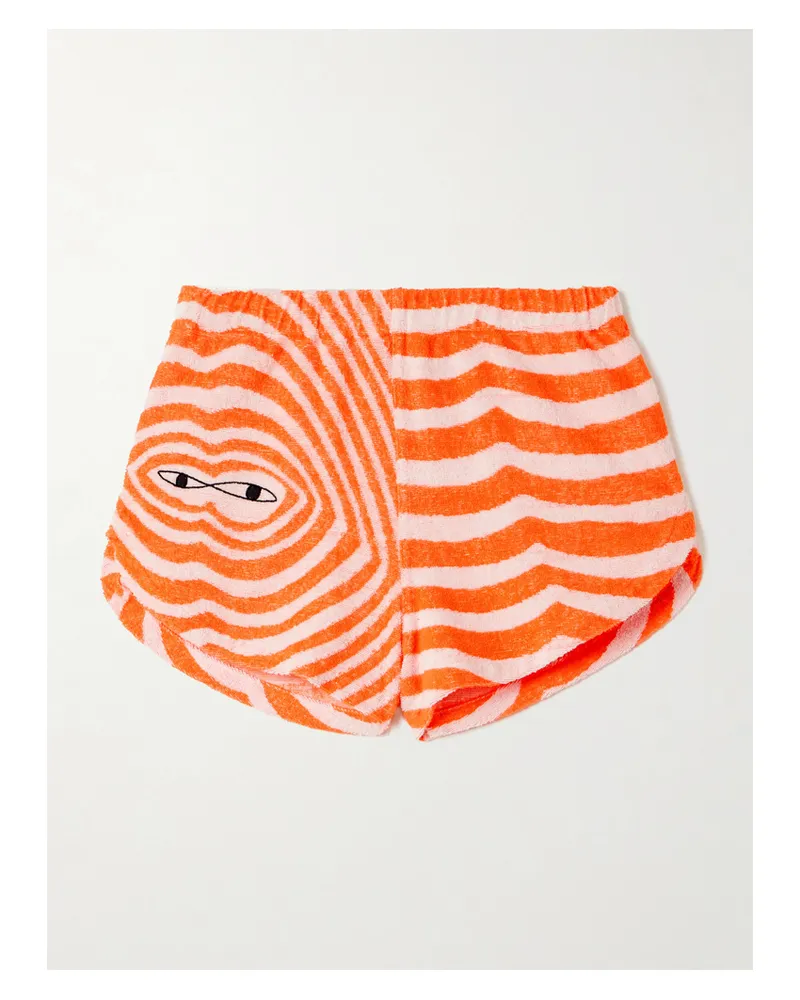 The Elder Statesman Shorts Aus Baumwollfrottee Mit Streifen Und Stickerei - Orange Orange