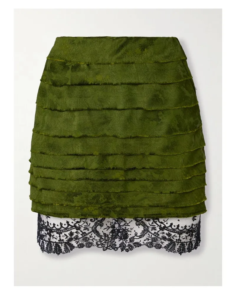 Saint Laurent Mehrlagiger Minirock Aus Jacquard Mit Spitzenbesatz Aus Einer Baumwoll-seidenmischung - Grün Grün