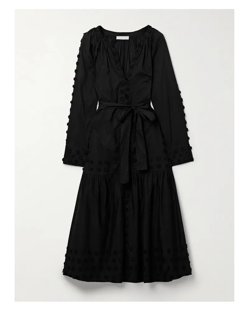 Ulla Johnson Emera Midikleid Aus Baumwoll-voile Mit Applikationen Und Bindegürtel - Schwarz Schwarz