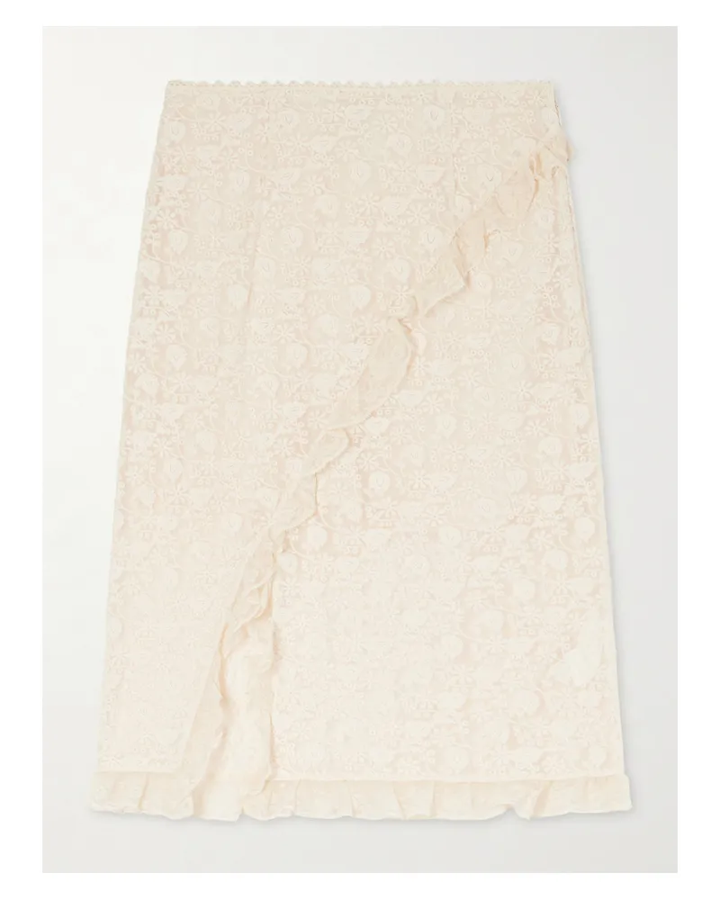 DÔEN Aurella Ruffled Embroidered Mesh Midi Skirt - Neutrals Neutrals