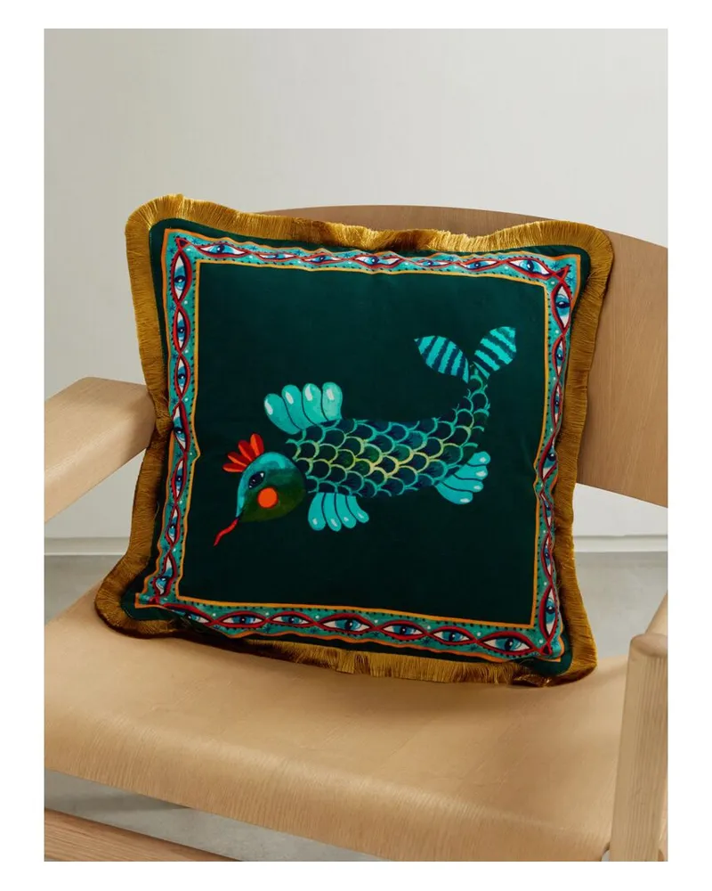 La DoubleJ Kissen Aus Samt Aus Einer Bedruckten Baumwollmischung Mit Fransen - Grün Grün