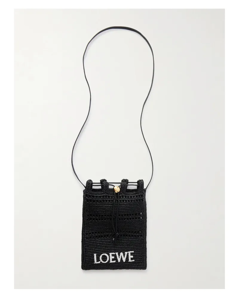Loewe Paula's Ibiza Leather-trimmed Embroidered Raffia Shoulder Bag - Black Black