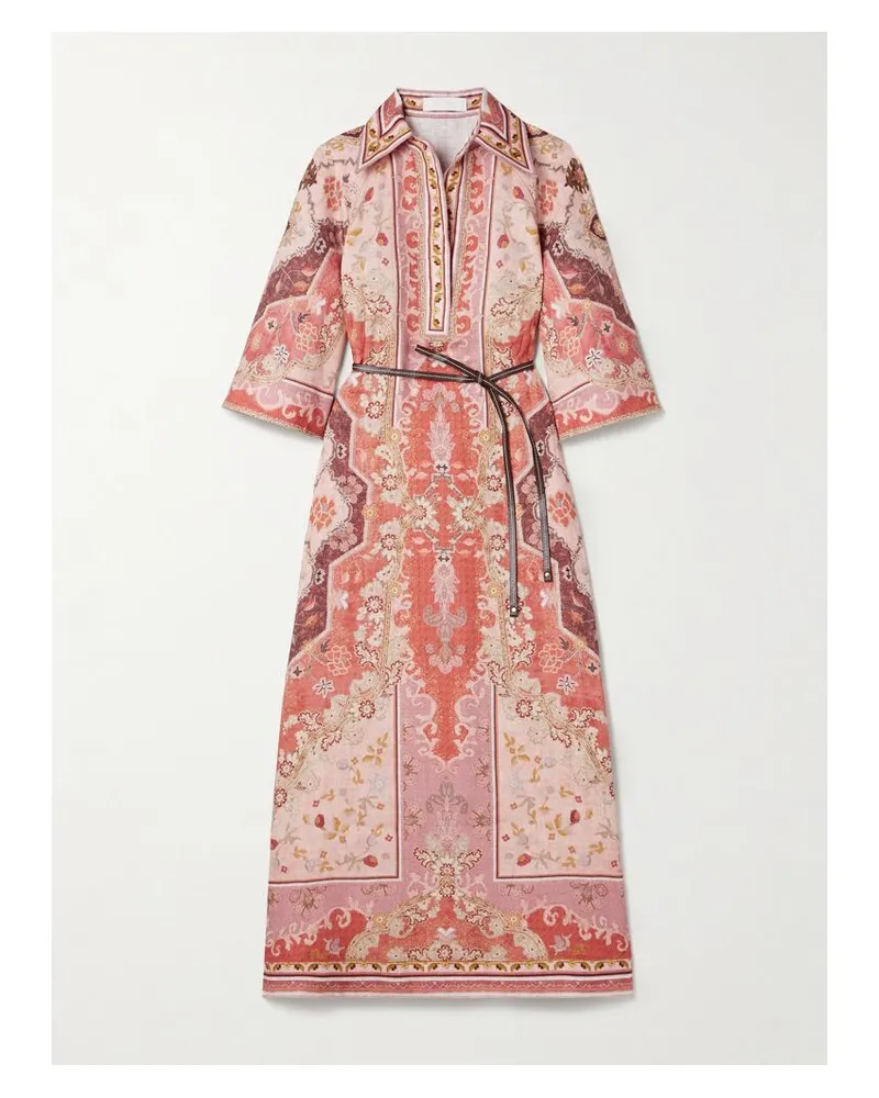Zimmermann Wylie Midikleid Aus Bedrucktem Leinen Mit Bindegürtel - Pink Pink