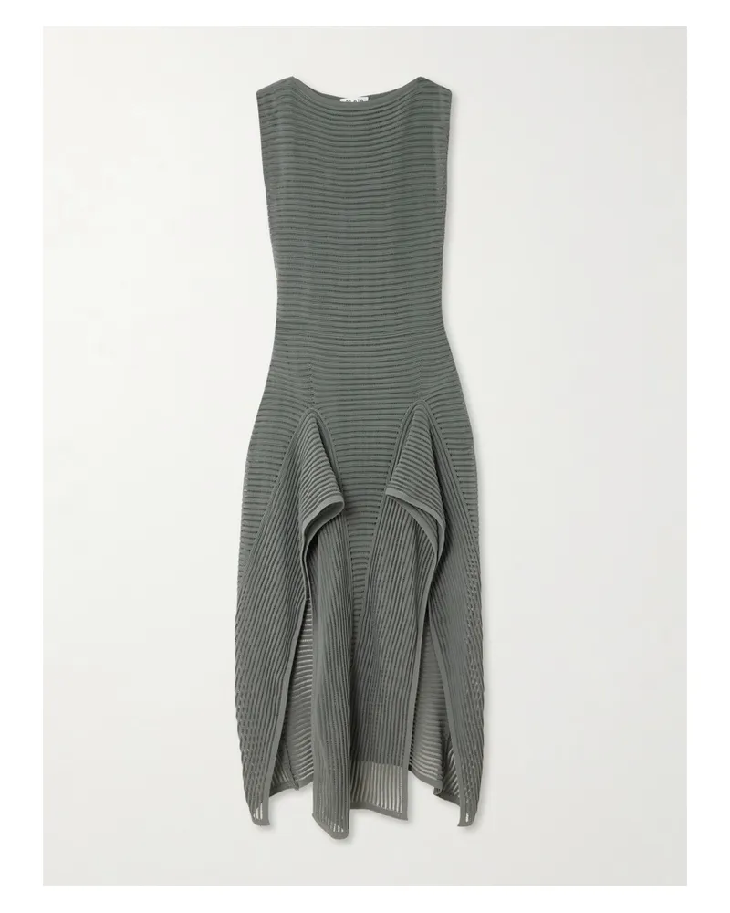 Alaïa Ruffled Ribbed Open-knit Cotton-blend Midi Dress - Gray Gray