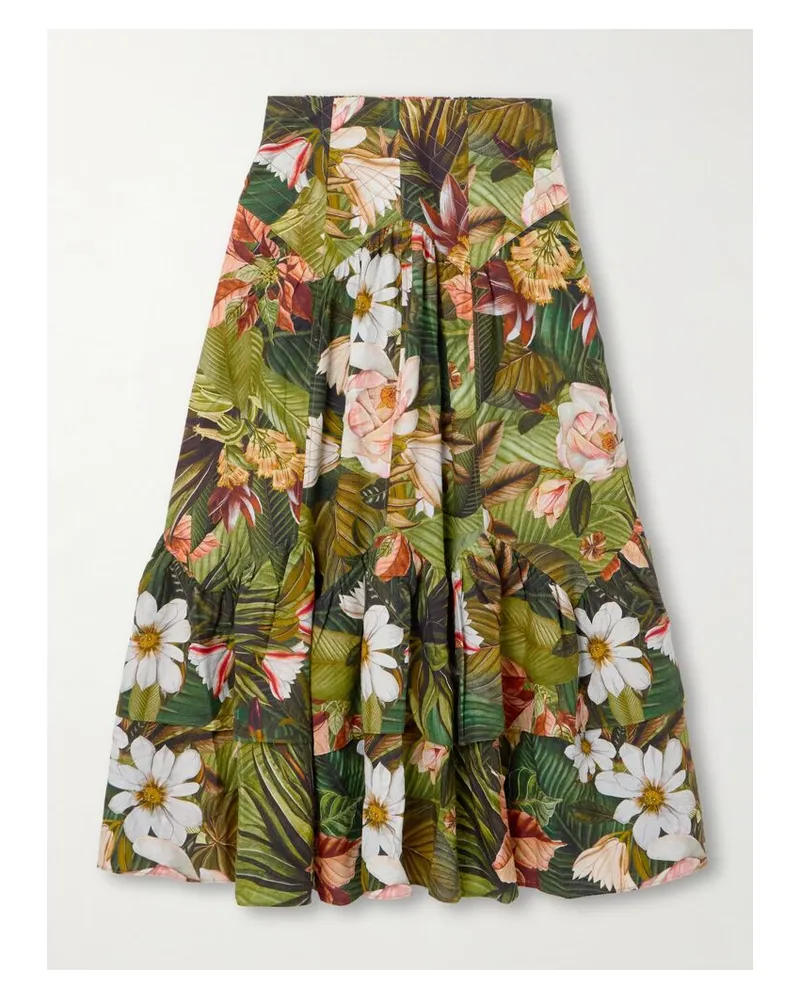 FARM Rio Botanical Forest Asymmetrischer, Gestufter Midirock Aus Einer Leinenmischung - Grün Grün