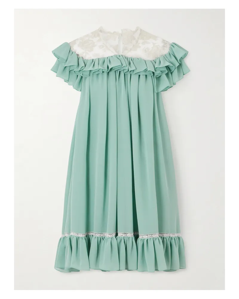 Chloé Ruffled Lace-trimmed Silk Georgette Mini Dress - Green Green
